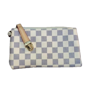Leather checkered  zip-up cosmetic bag